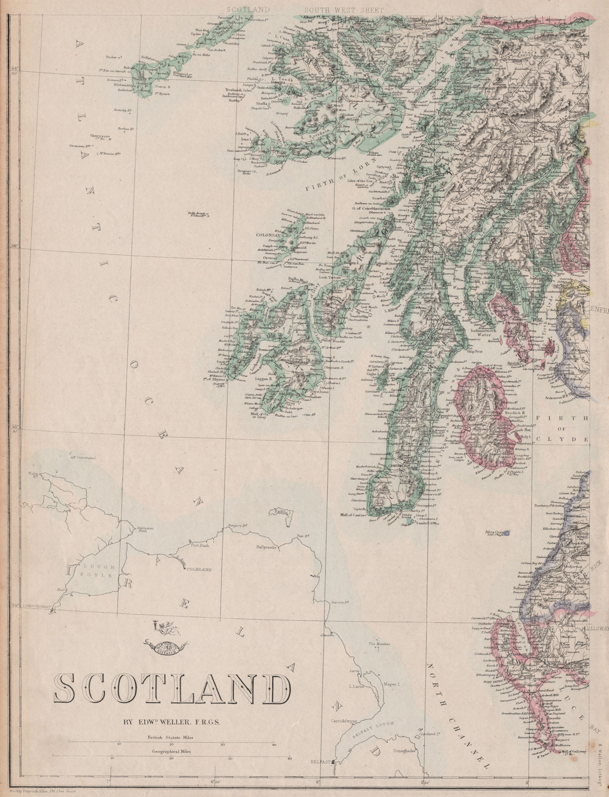SCOTLAND SOUTH WEST. Arran Kintyre islay Jura Mull Colonsay. WELLER 1862 map